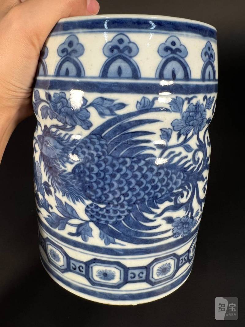 清嘉庆 青花凤穿花纹水指 - 图2